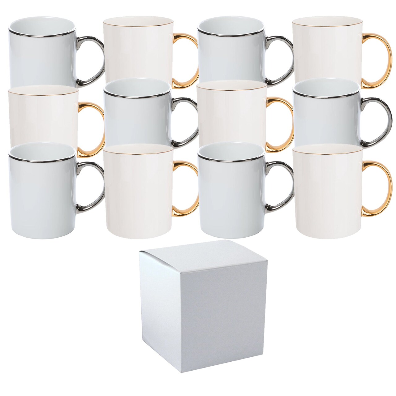 12 Pack 11 oz. SILVER & GOLD RIM & Handle- Ceramic Sublimation Mugs -  Professional Grade - With Individual White Gift Boxes